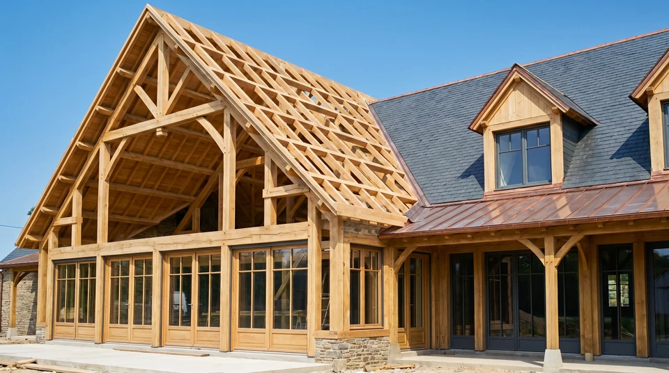 Chantier de construction ext&eacute;rieur avec charpente en bois en cours d'assemblage